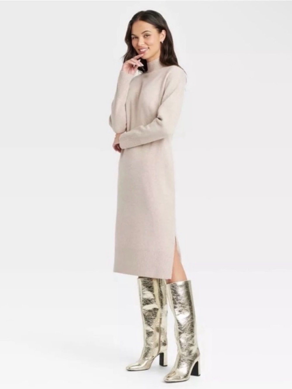 a new day Beige Taupe Mock Neck Long Sleeve Midi Sweater Dress